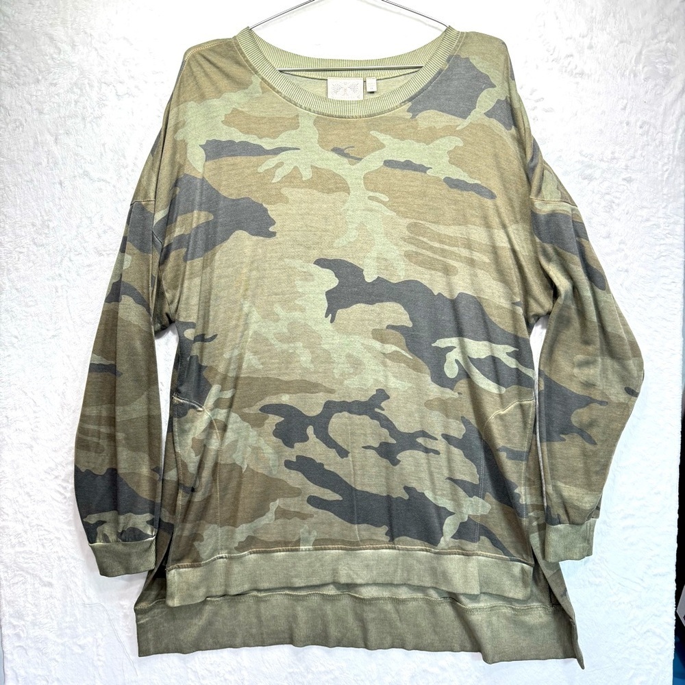 Army Green Camo Tunic High Slit Hems Ribbed Trim Long Sleeve Camouflage Dantelle